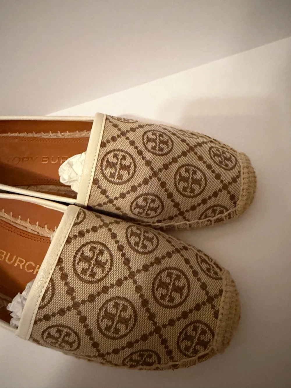 Tory Burch Beige and Brown Logo Espadrille Flats